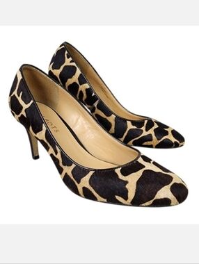 Talbots Pump Heels Giraffe Print Calf Hair Leather Tan Black Size 6.5